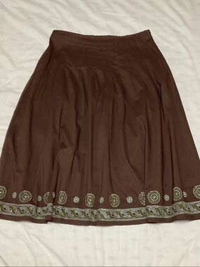 Vintage Apostrophe Brown Boho Embroidered 100% Cotton A-Line Skirt. Size 6